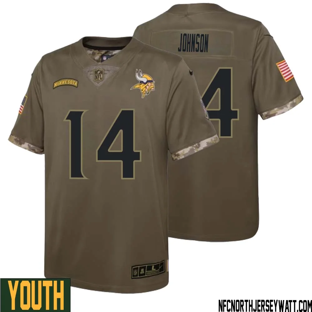 Brad Johnson No 14 Youth Olive Minnesota Vikings 2022 Salute To Service Retired Player Limited Jersey 1