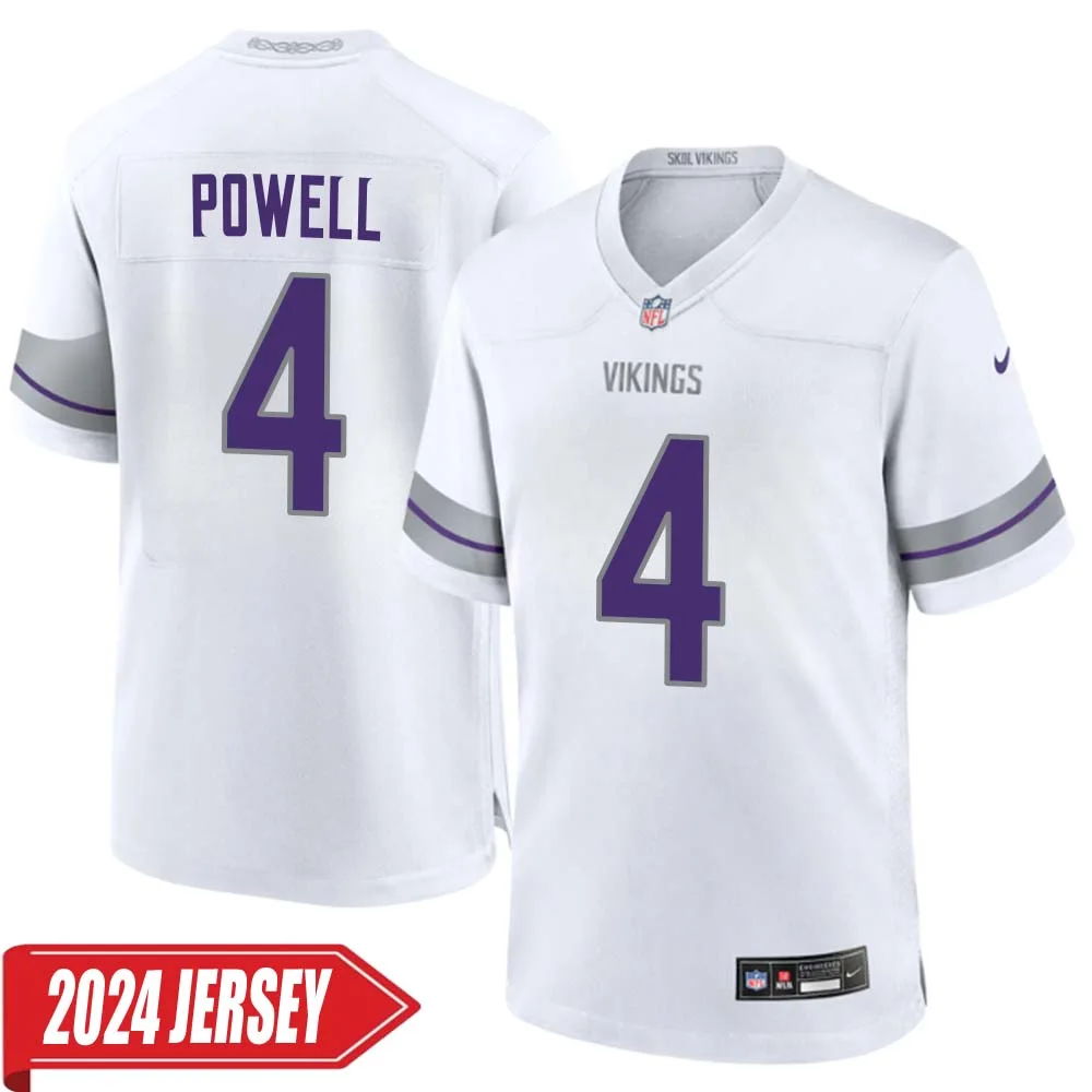 Brandon Powell No 4 Men s Minnesota Vikings White Alternate Custom Game 2024 Jersey