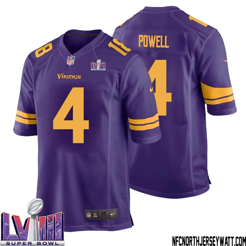 Brandon Powell No 4 Minnesota Vikings Super Bowl LVIII Alternate Game Jersey Purple for Men
