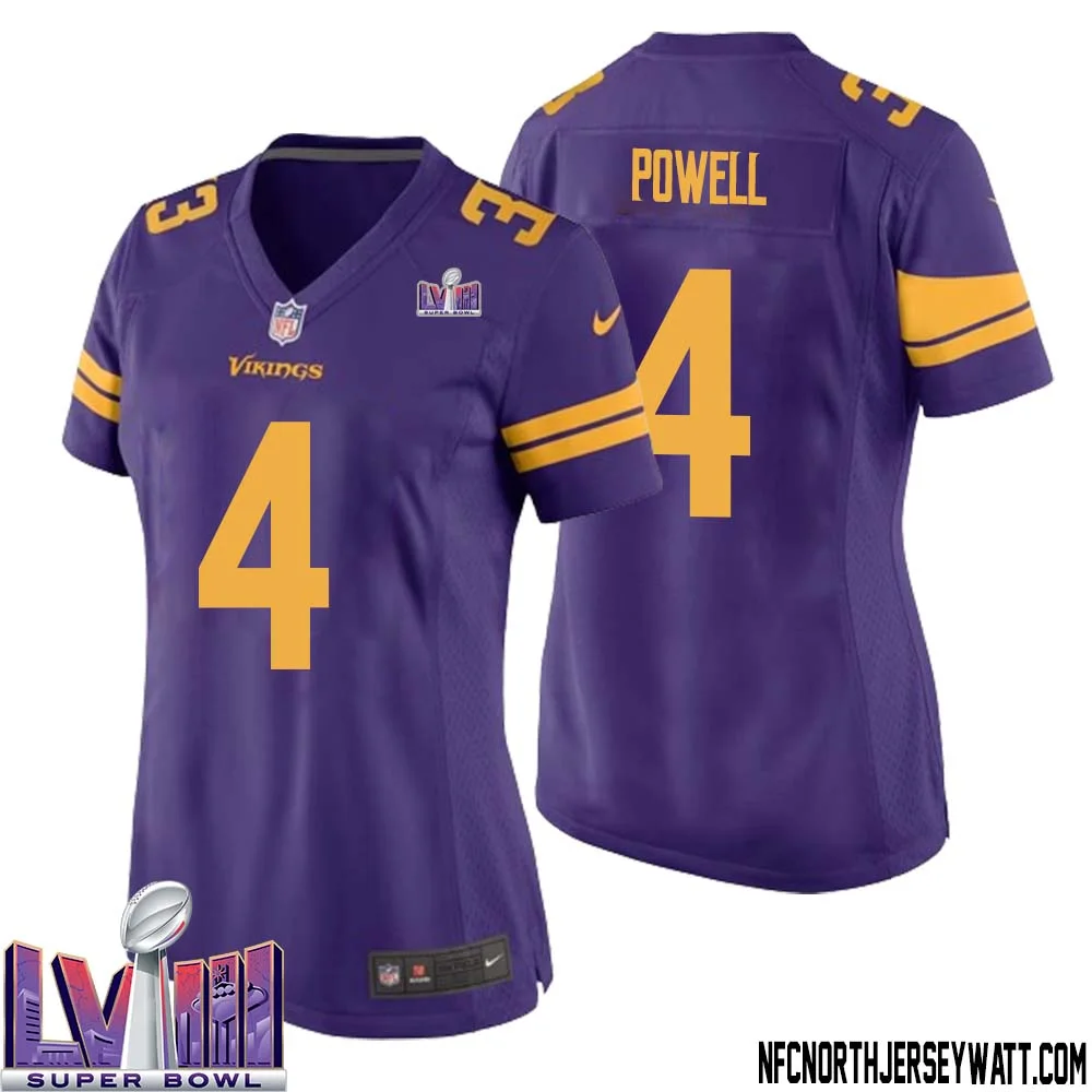 Brandon Powell No 4 Minnesota Vikings Super Bowl LVIII Alternate Game Jersey Purple for Women 1