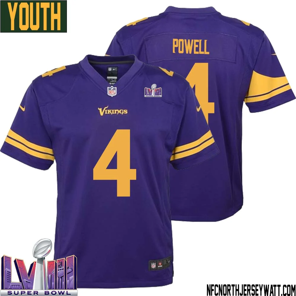 Brandon Powell No 4 Minnesota Vikings Super Bowl LVIII Alternate Game Jersey Purple for Youth