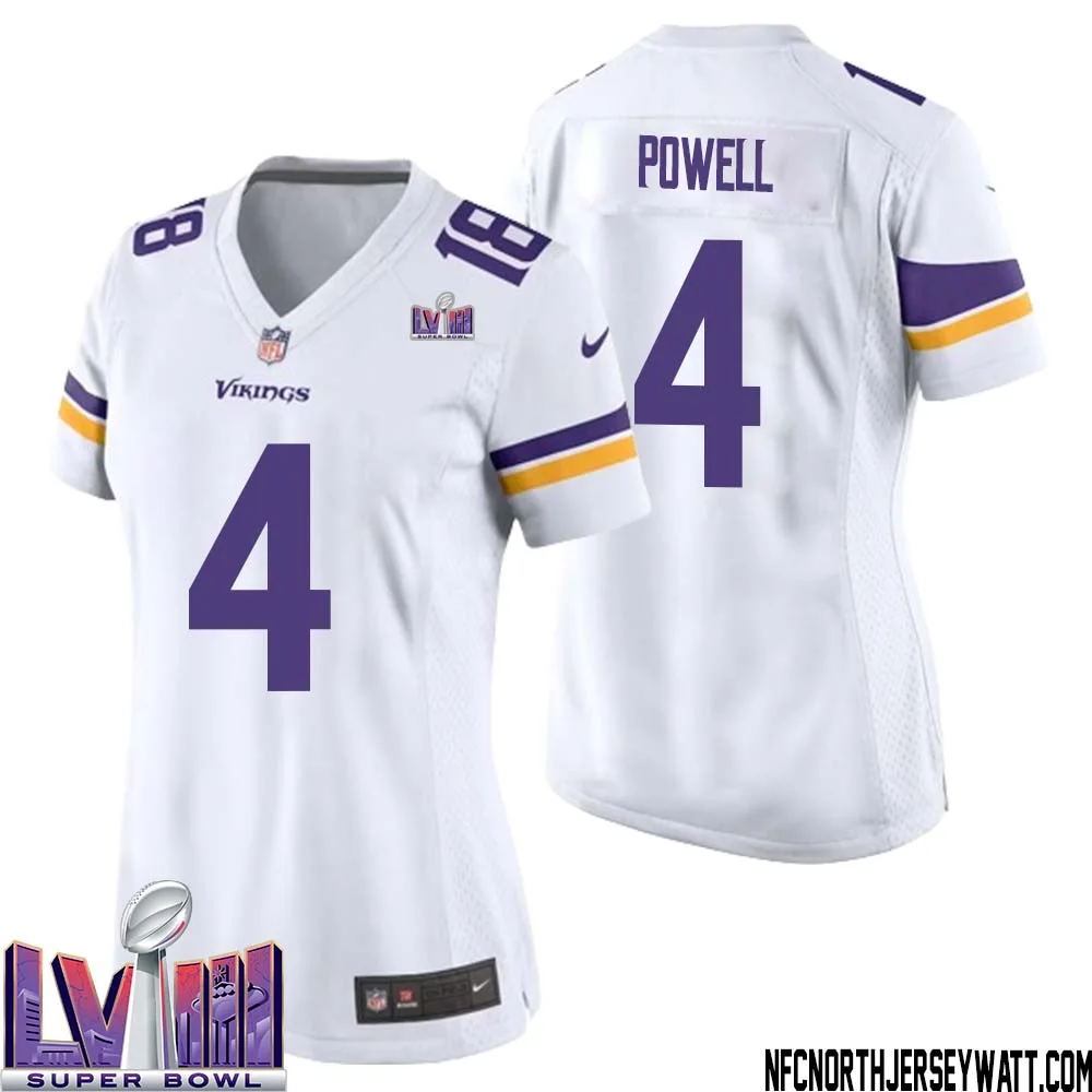 Brandon Powell No 4 Minnesota Vikings Super Bowl LVIII Away Game Jersey White for Women 1