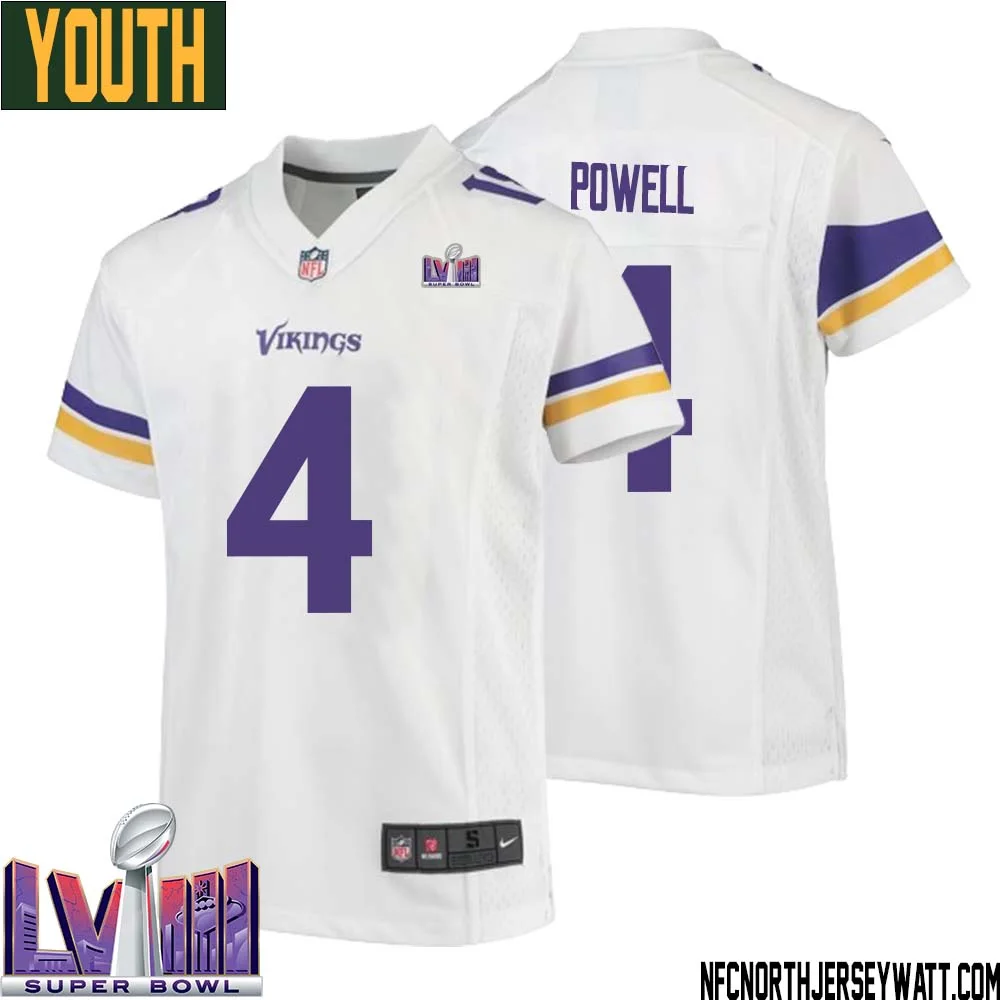 Brandon Powell No 4 Minnesota Vikings Super Bowl LVIII Away Game Jersey White for Youth