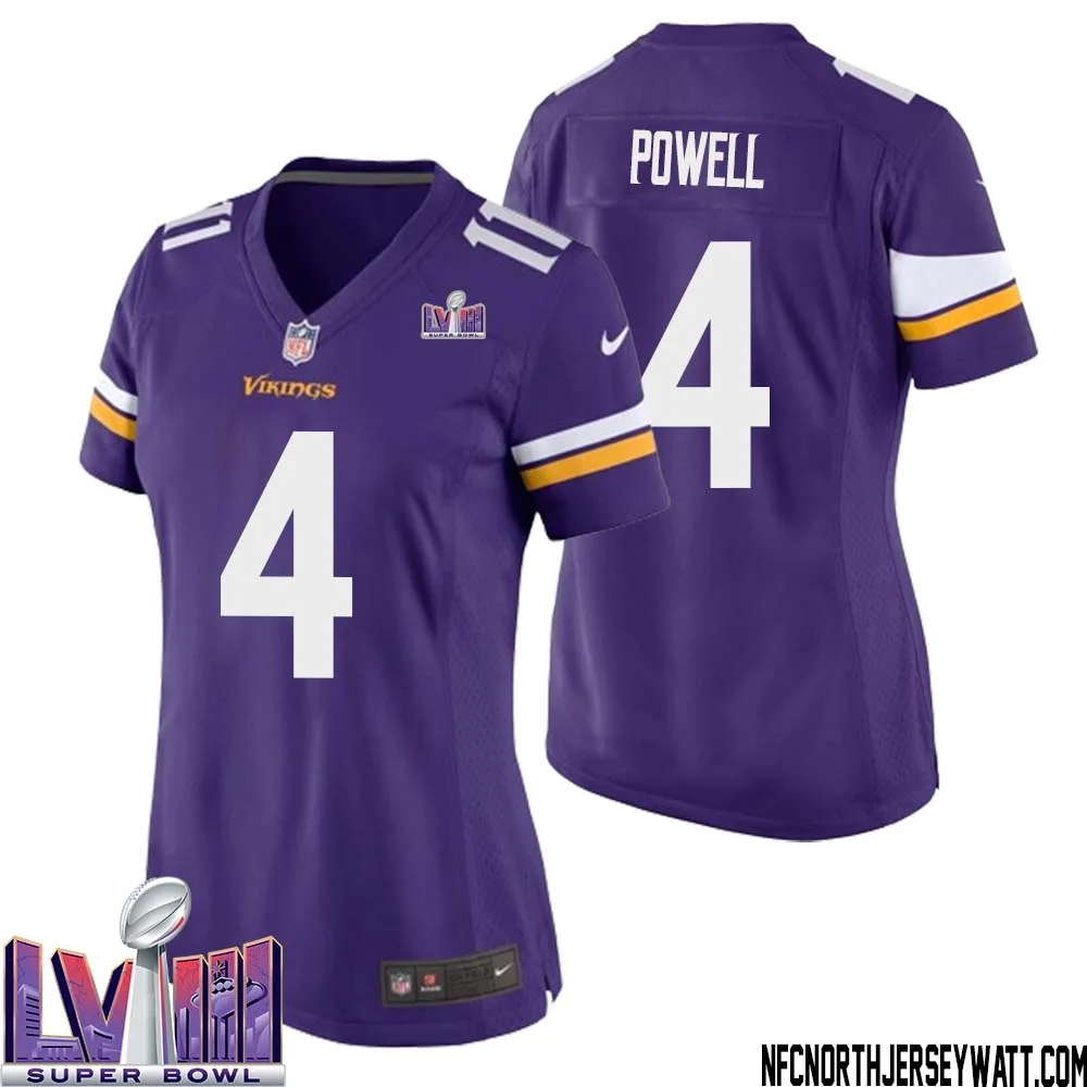 Brandon Powell No 4 Minnesota Vikings Super Bowl LVIII Home Game Jersey Court Purple for Women 1