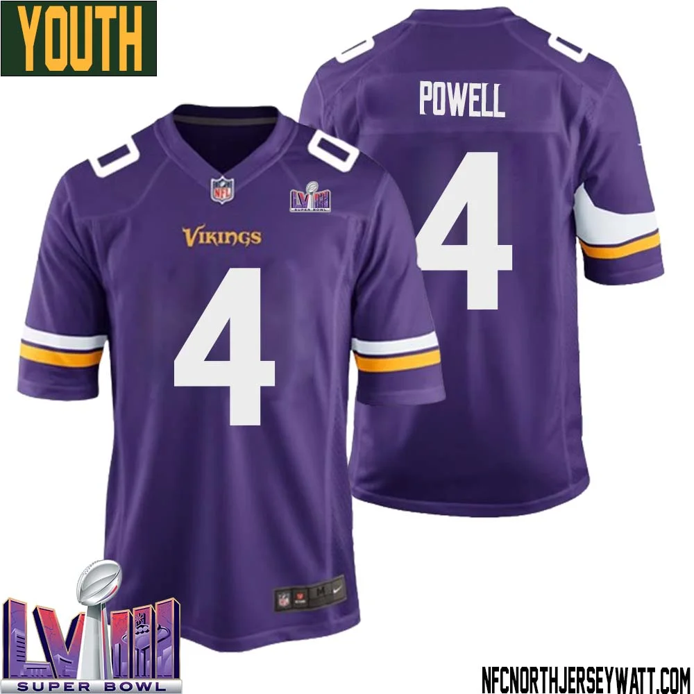 Brandon Powell No 4 Minnesota Vikings Super Bowl LVIII Home Game Jersey Court Purple for Youth