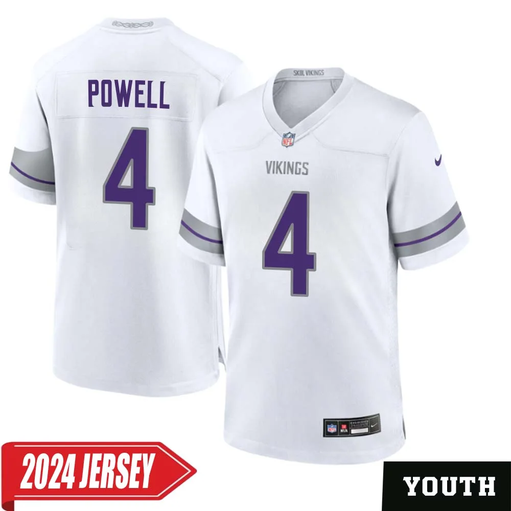 Brandon Powell No 4 Youth s Minnesota Vikings White Alternate Custom Game 2024 Jersey