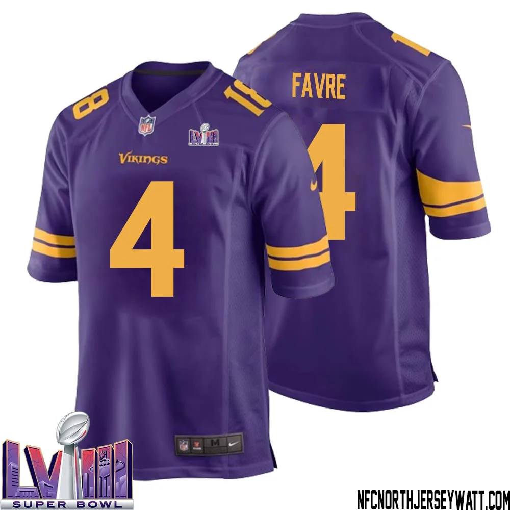 Brett Favre No 4 Minnesota Vikings Super Bowl LVIII Alternate Game Jersey Purple for Men 1
