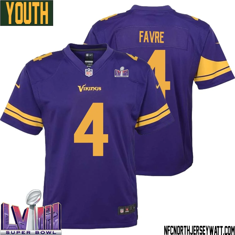 Brett Favre No 4 Minnesota Vikings Super Bowl LVIII Alternate Game Jersey Purple for Youth 1