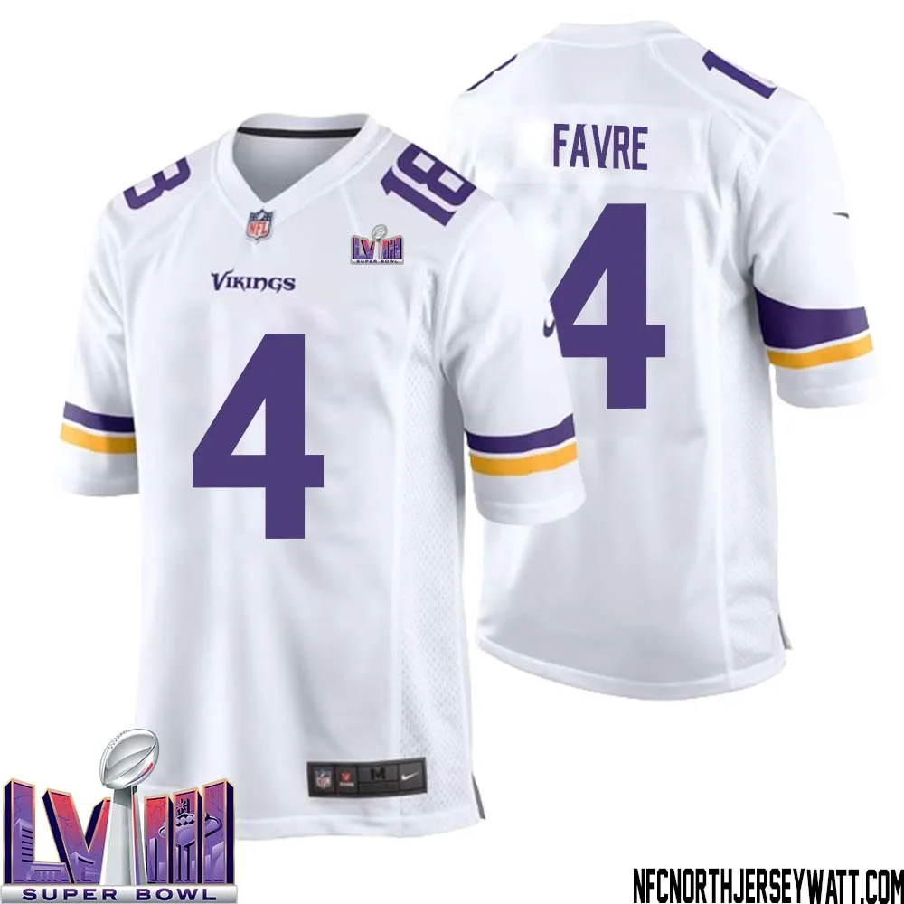 Brett Favre No 4 Minnesota Vikings Super Bowl LVIII Away Game Jersey White for Men