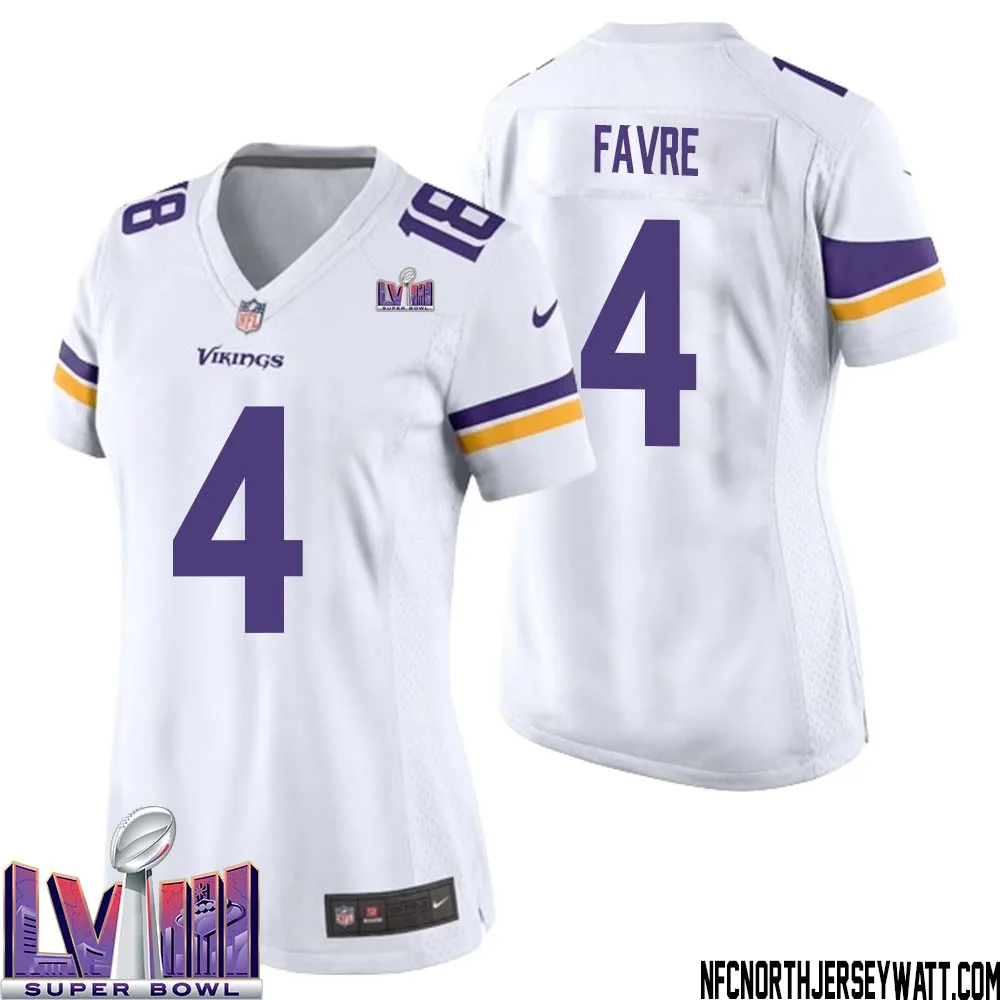 Brett Favre No 4 Minnesota Vikings Super Bowl LVIII Away Game Jersey White for Women 1