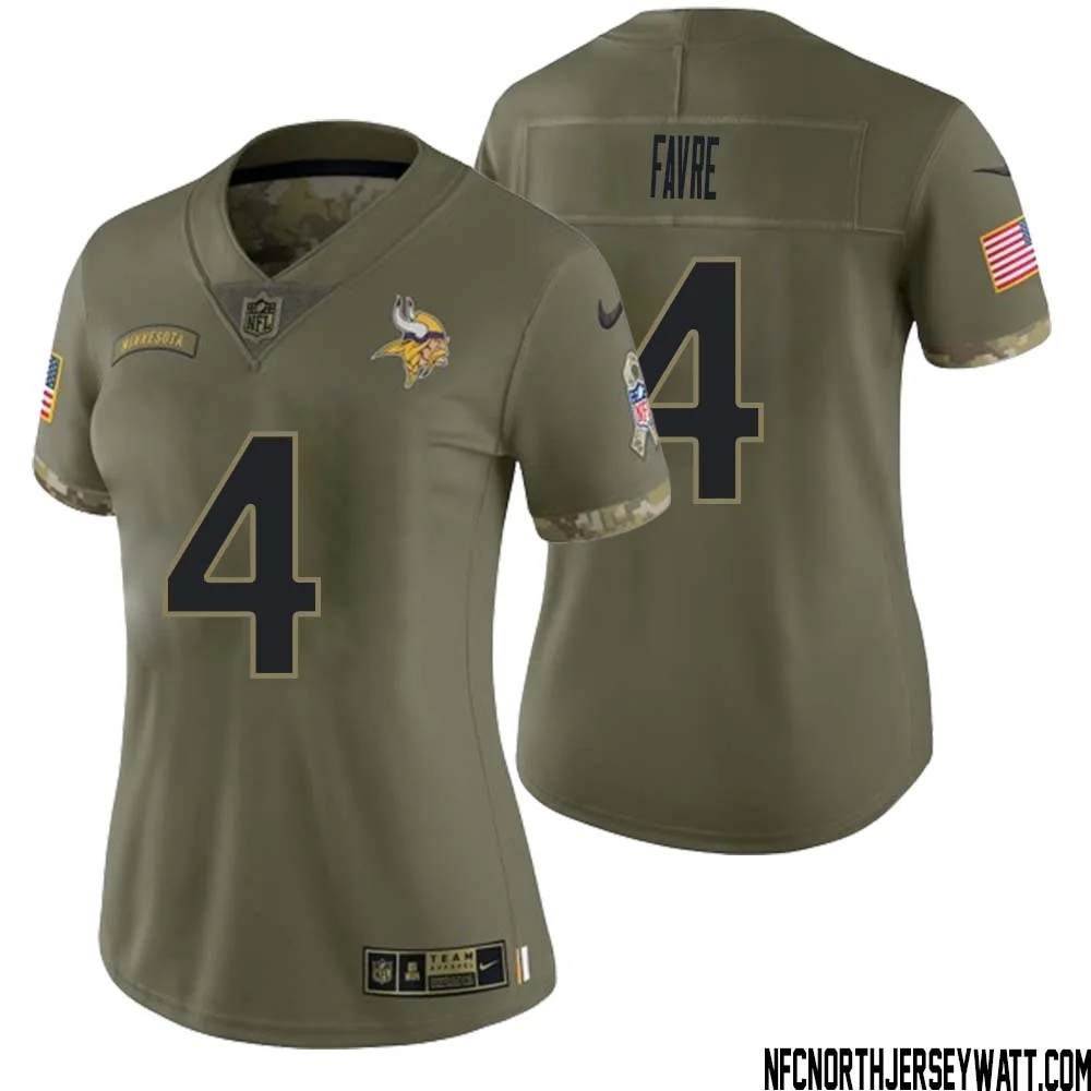 Brett Favre No 4 Women Olive Minnesota Vikings 2022 Salute To Service Retired Player Limited Jersey