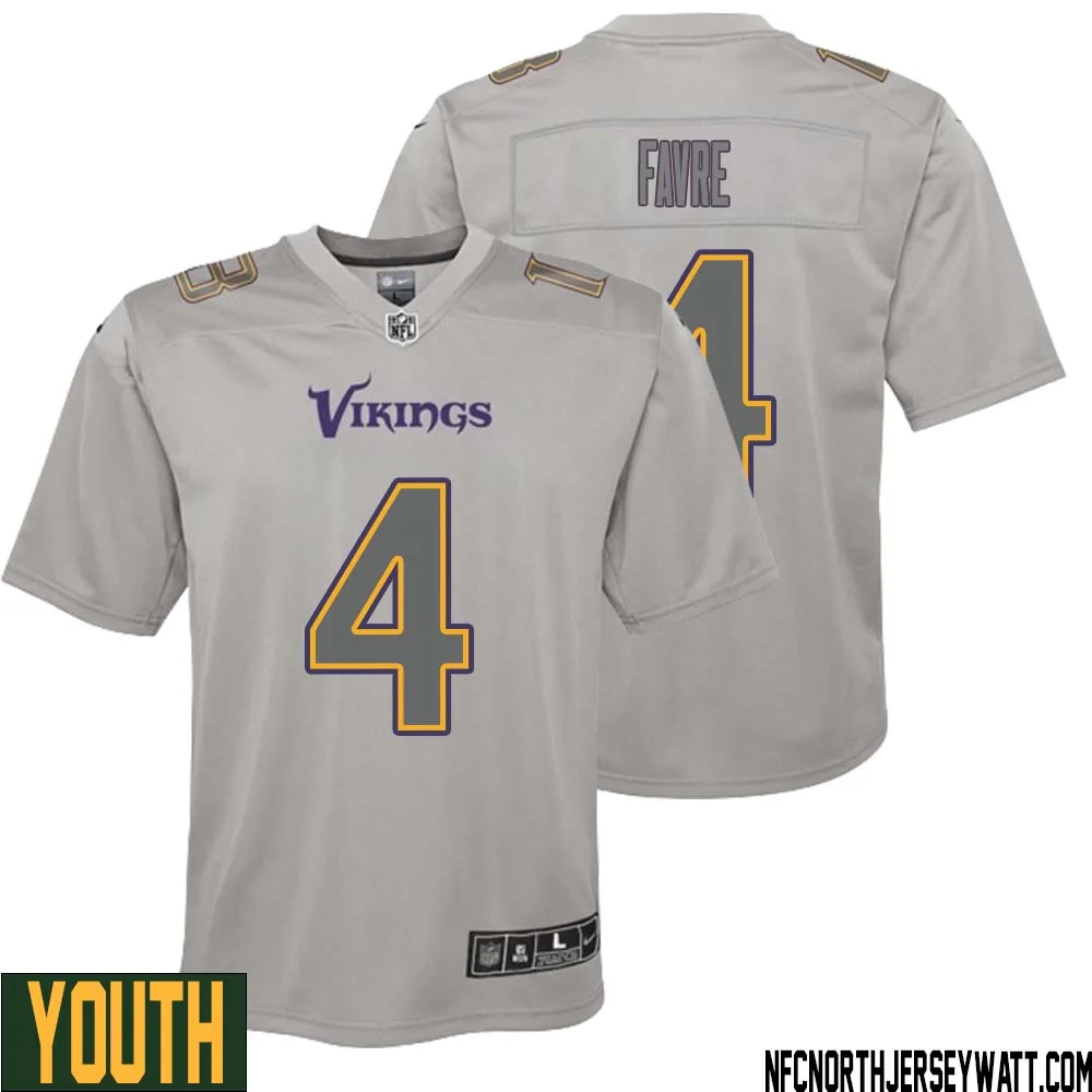 Brett Favre No 4 Youth Gray Minnesota Vikings Atmosphere Fashion Game Jersey