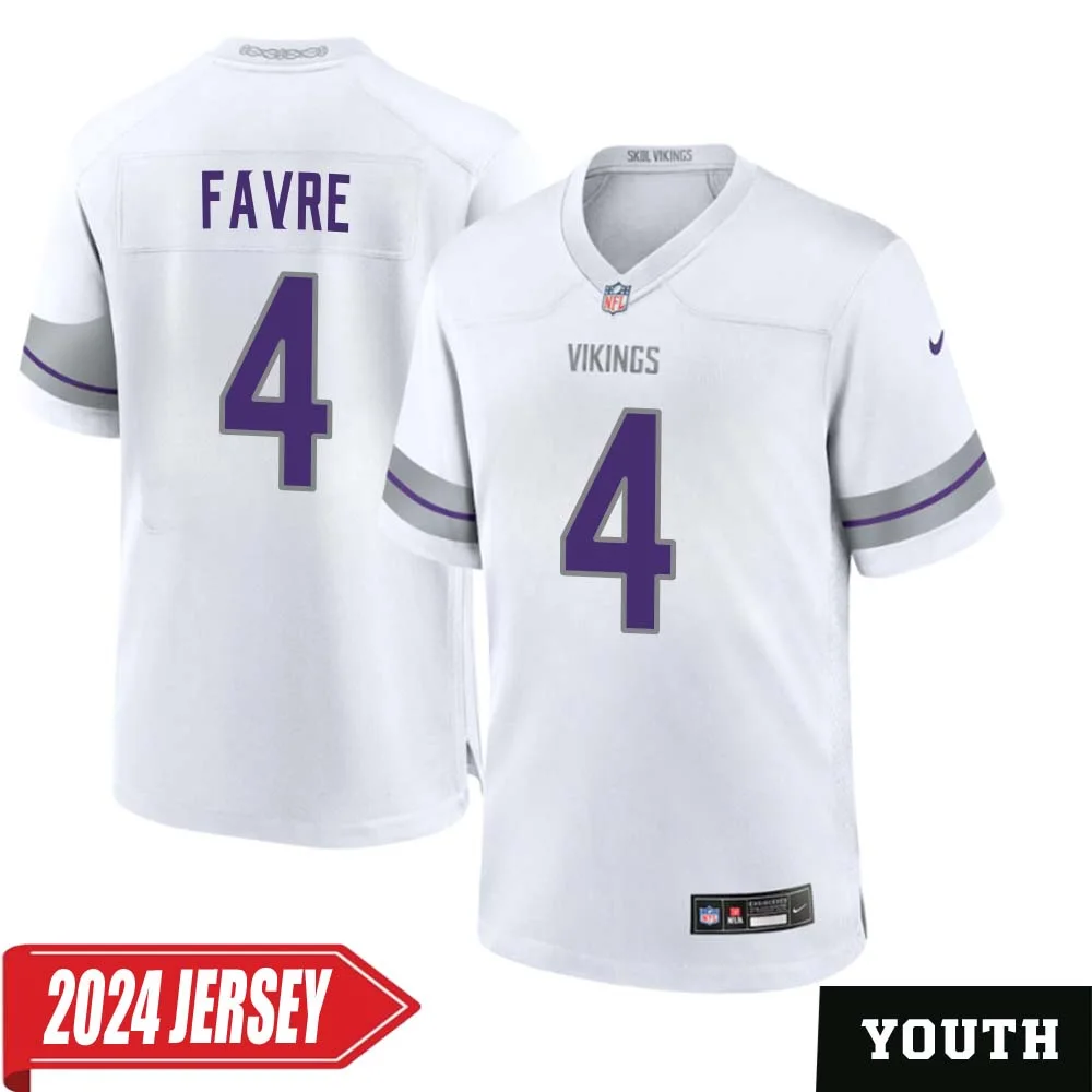 Brett Favre No 4 Youth s Minnesota Vikings White Alternate Custom Game 2024 Jersey