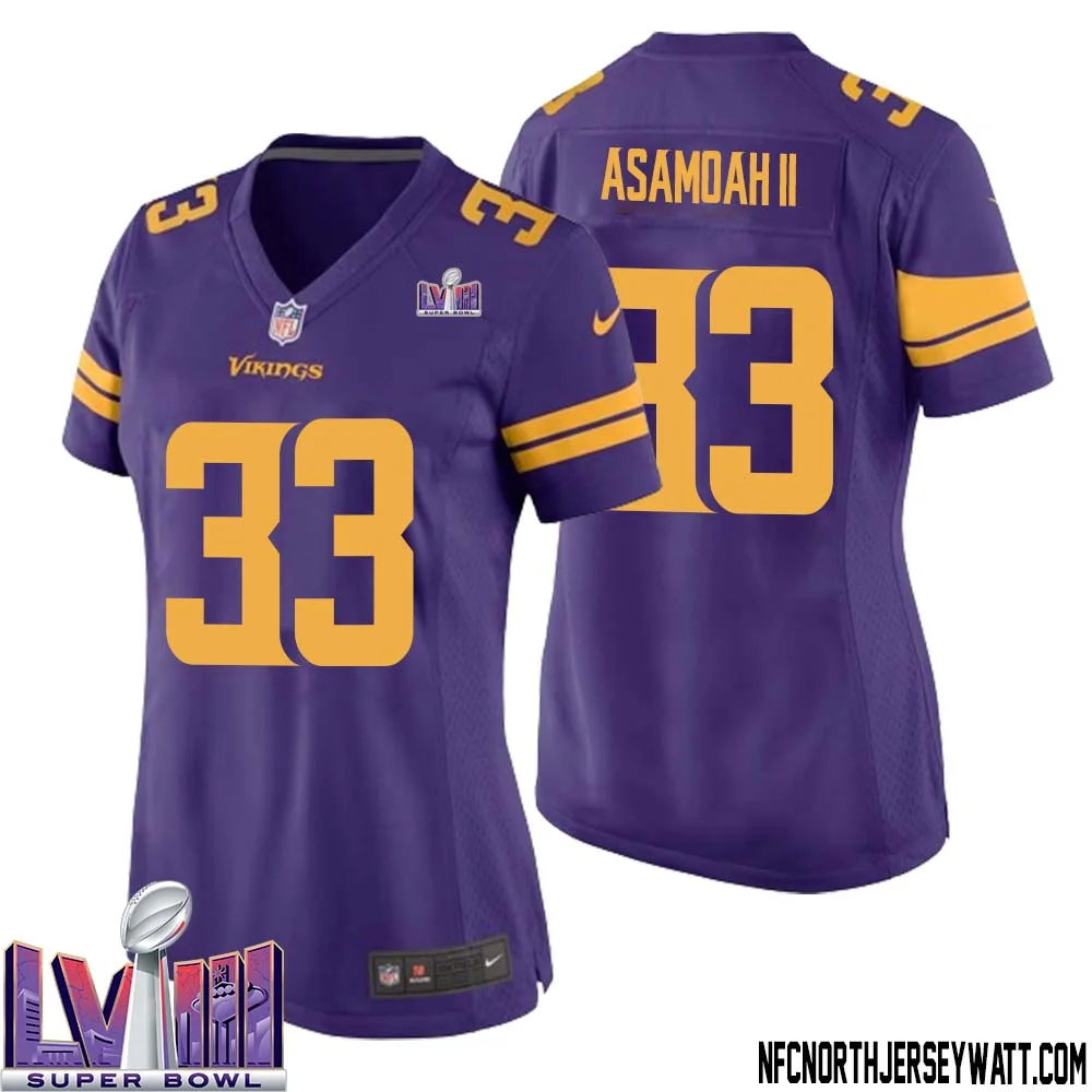 Brian Asamoah II No 33 Minnesota Vikings Super Bowl LVIII Alternate Game Jersey Purple for Women