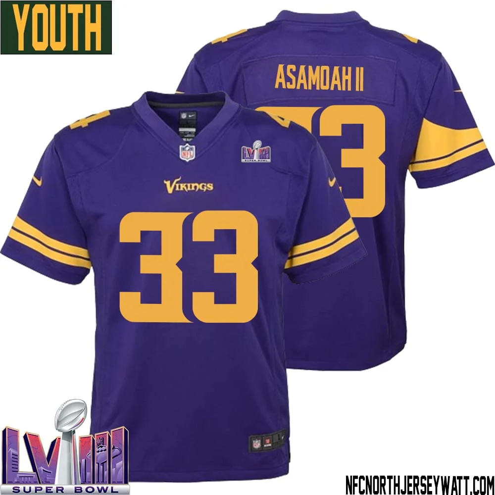 Brian Asamoah II No 33 Minnesota Vikings Super Bowl LVIII Alternate Game Jersey Purple for Youth