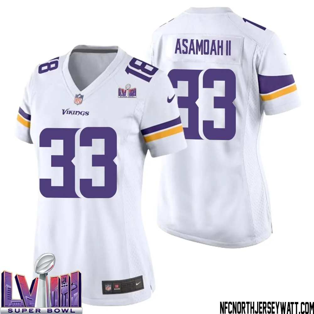 Brian Asamoah II No 33 Minnesota Vikings Super Bowl LVIII Away Game Jersey White for Women 1