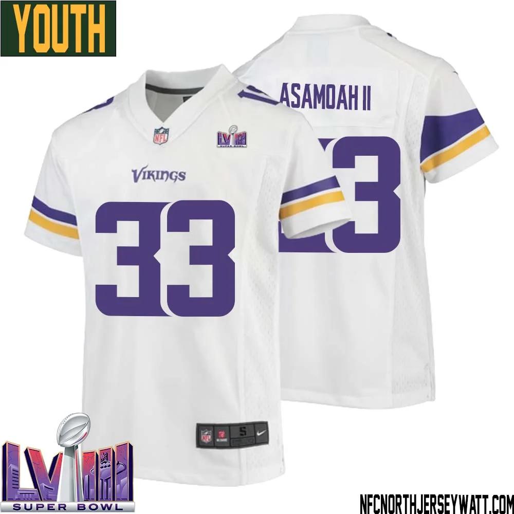 Brian Asamoah II No 33 Minnesota Vikings Super Bowl LVIII Away Game Jersey White for Youth