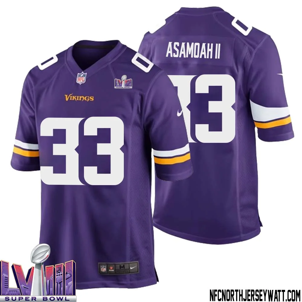 Brian Asamoah II No 33 Minnesota Vikings Super Bowl LVIII Home Game Jersey Court Purple for Mens