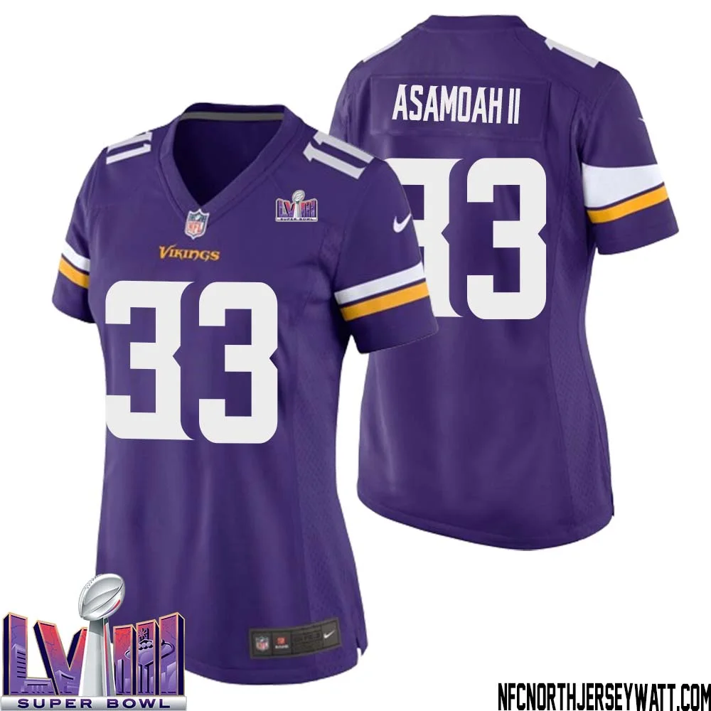Brian Asamoah II No 33 Minnesota Vikings Super Bowl LVIII Home Game Jersey Court Purple for Women