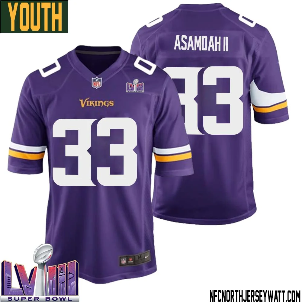 Brian Asamoah II No 33 Minnesota Vikings Super Bowl LVIII Home Game Jersey Court Purple for Youth 1
