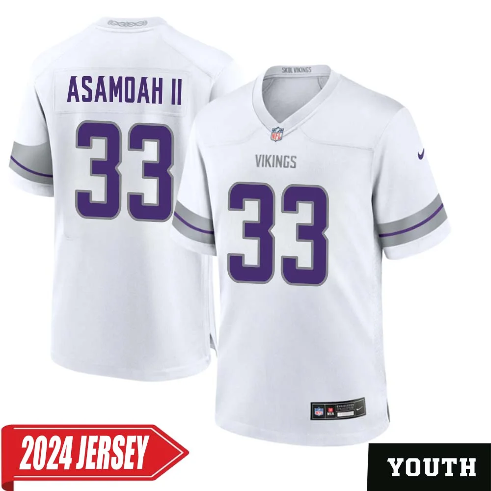 Brian Asamoah II No 33 Youth s Minnesota Vikings White Alternate Custom Game 2024 Jersey