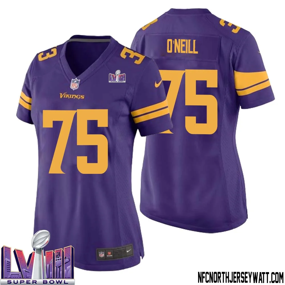 Brian ONeill No 75 Minnesota Vikings Super Bowl LVIII Alternate Game Jersey Purple for Women 1