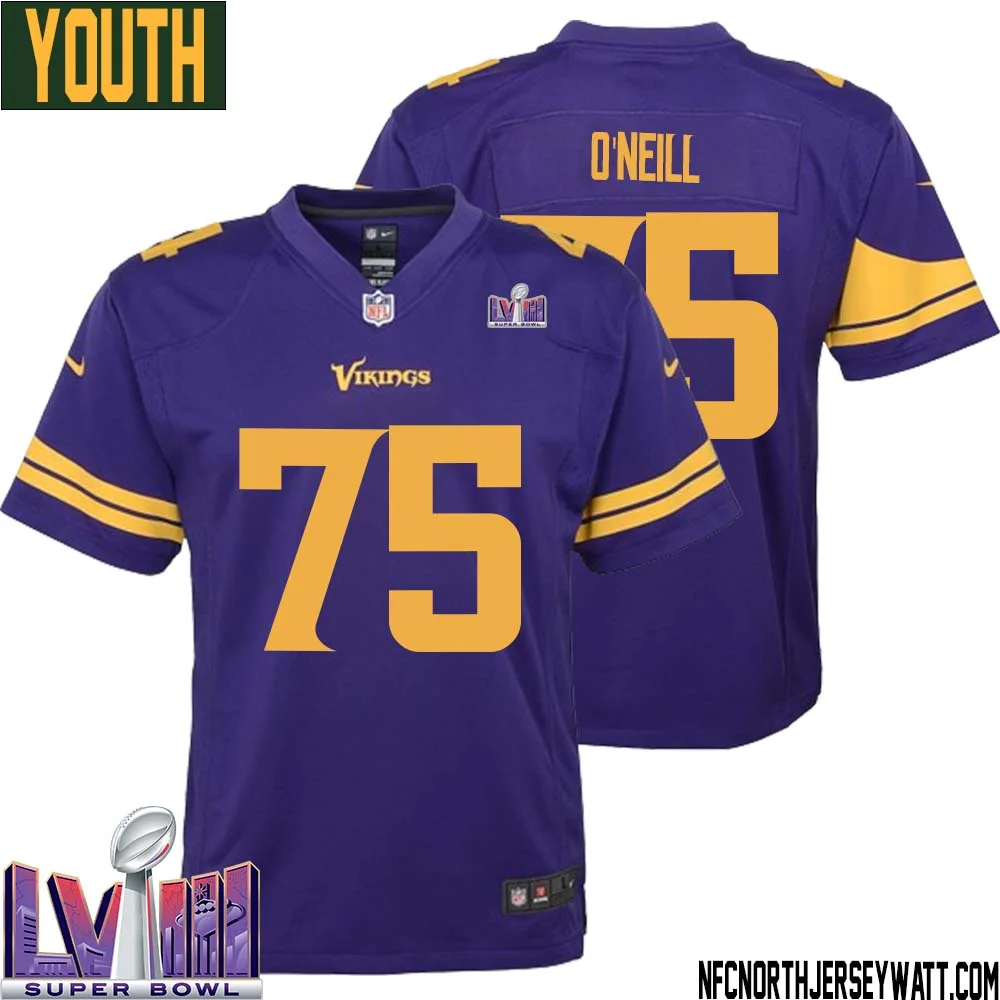 Brian ONeill No 75 Minnesota Vikings Super Bowl LVIII Alternate Game Jersey Purple for Youth