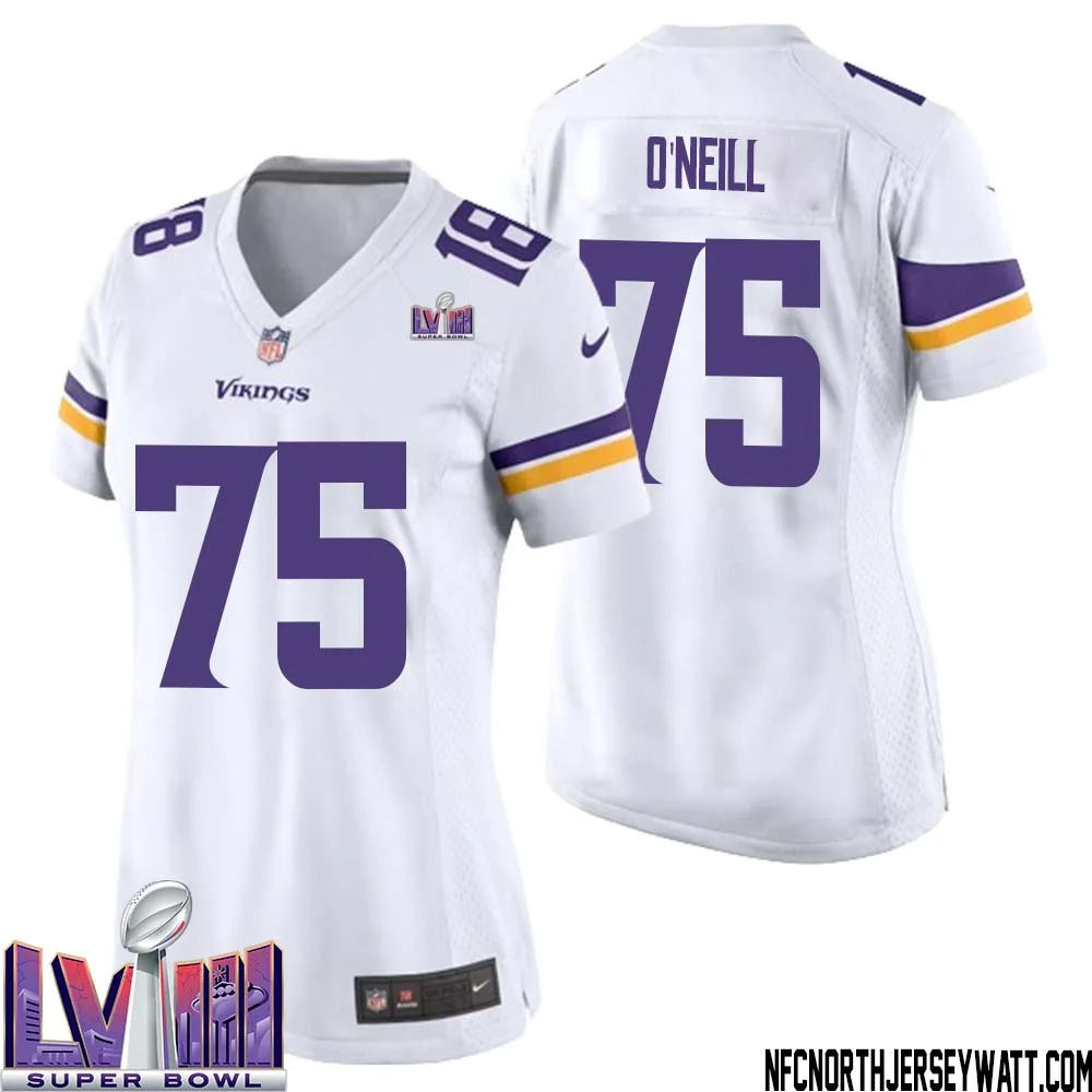 Brian ONeill No 75 Minnesota Vikings Super Bowl LVIII Away Game Jersey White for Women 1