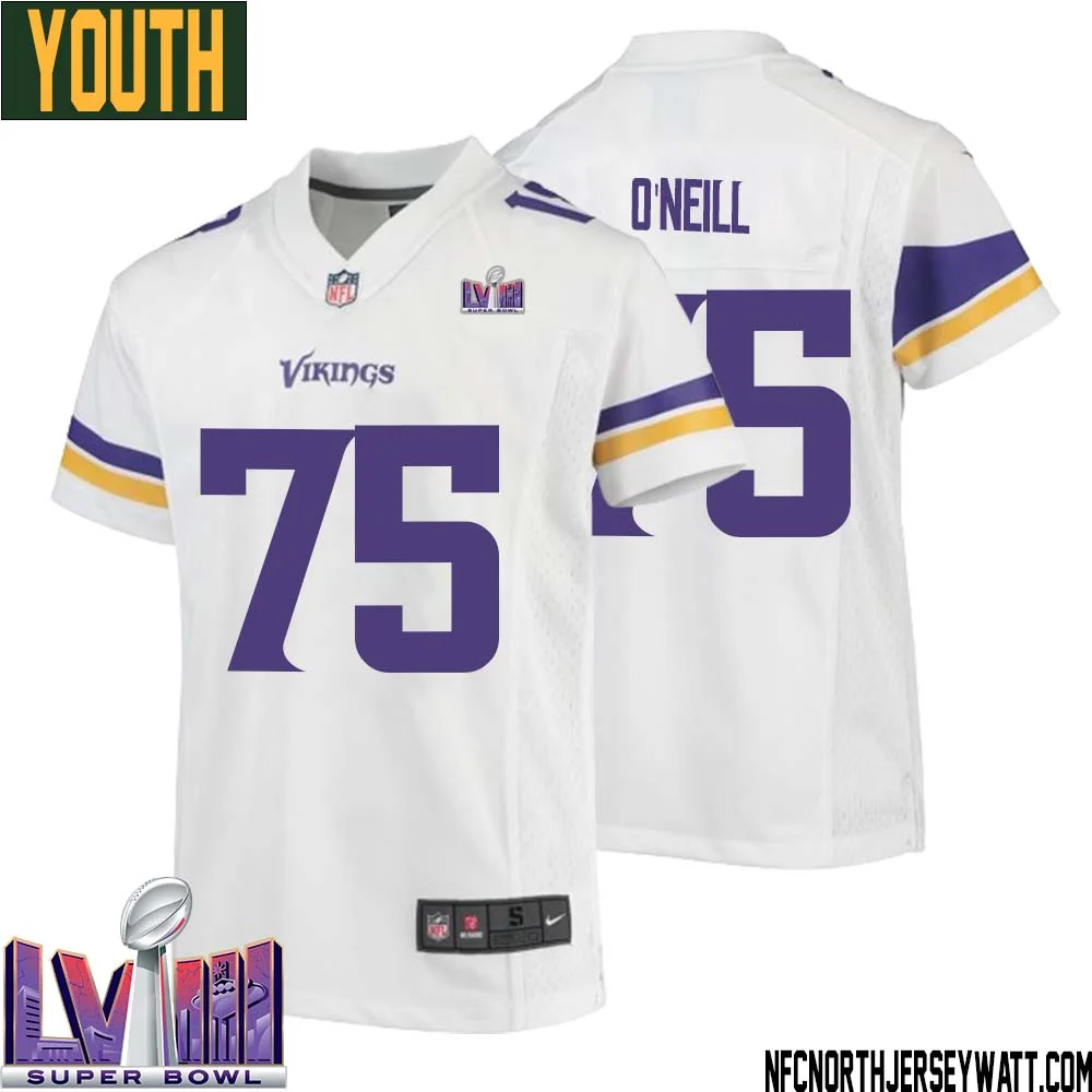 Brian ONeill No 75 Minnesota Vikings Super Bowl LVIII Away Game Jersey White for Youth 1