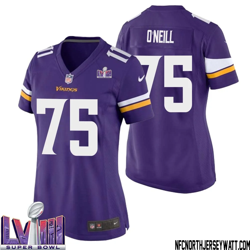 Brian ONeill No 75 Minnesota Vikings Super Bowl LVIII Home Game Jersey Court Purple for Women
