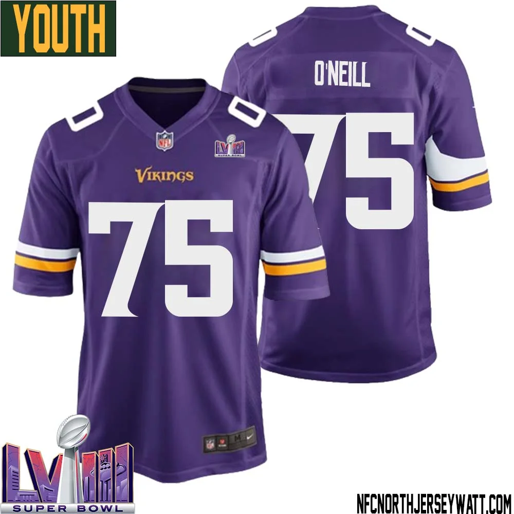Brian ONeill No 75 Minnesota Vikings Super Bowl LVIII Home Game Jersey Court Purple for Youth