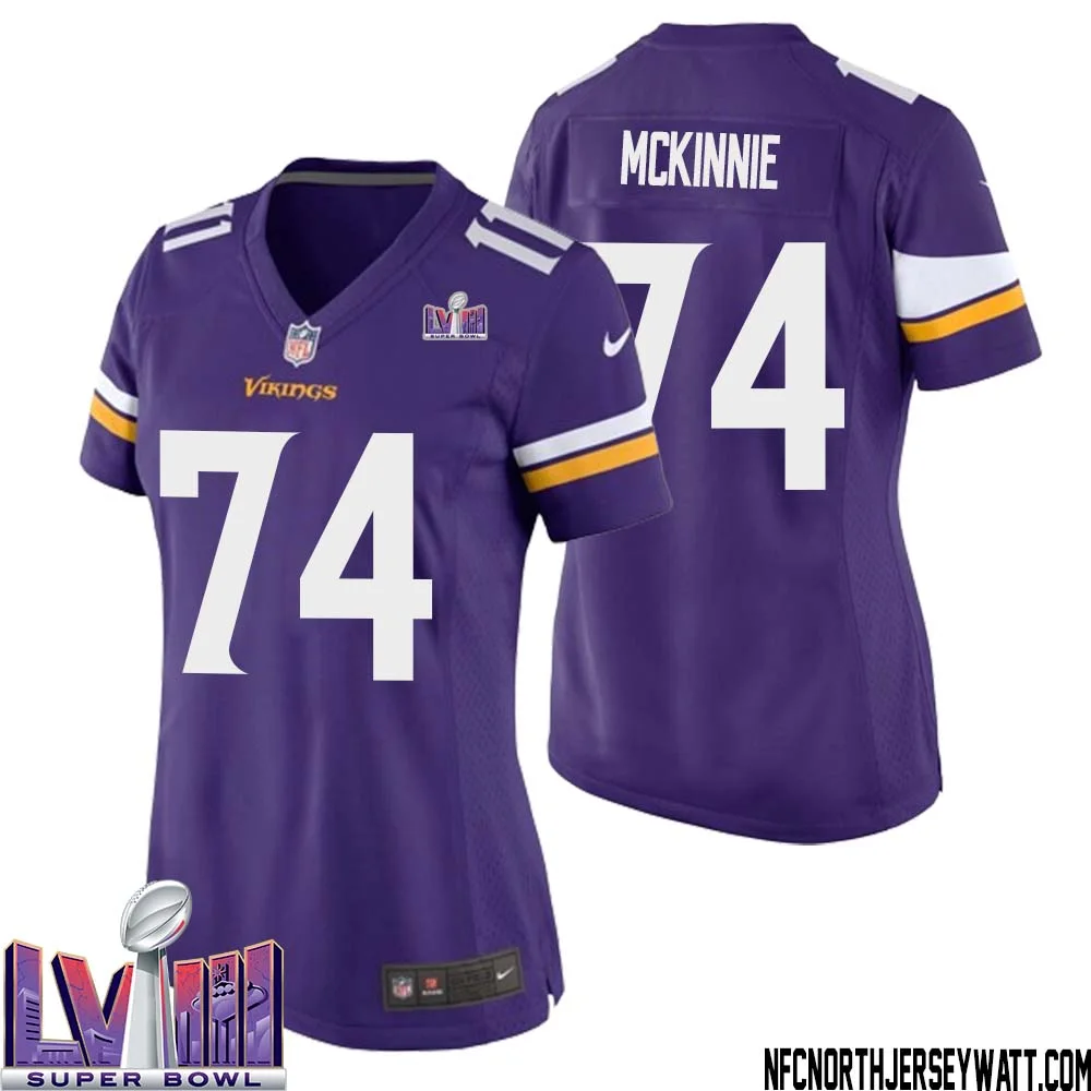 Bryant McKinnie No 74 Minnesota Vikings Super Bowl LVIII Home Game Jersey Court Purple for Women 1