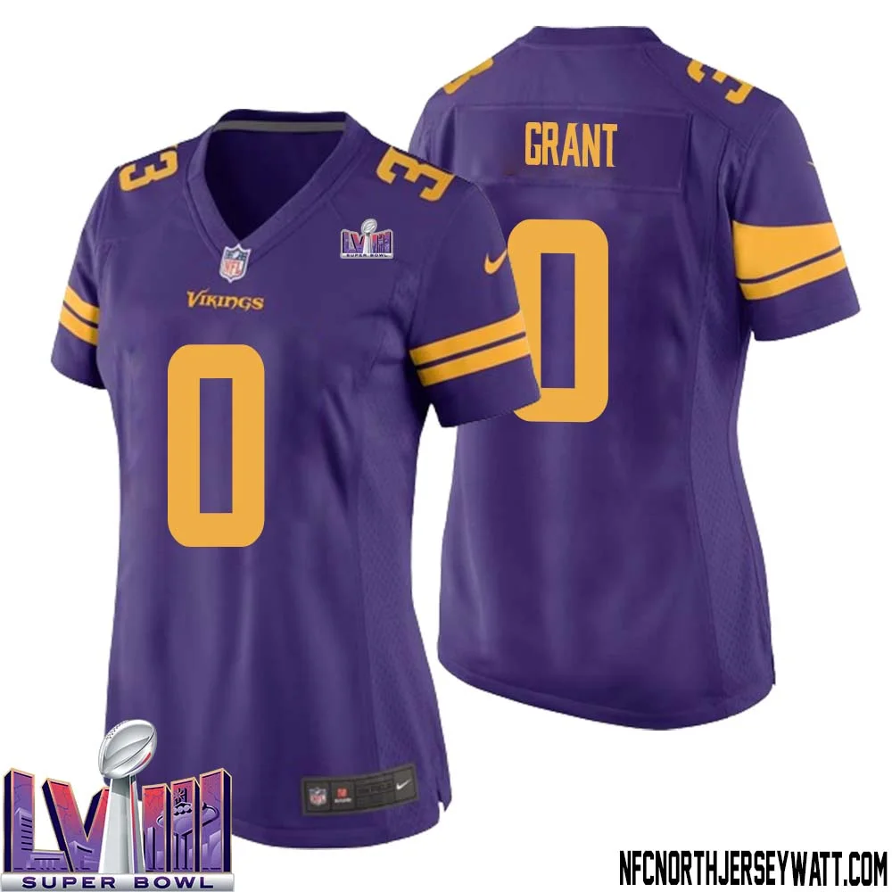 Bud Grant No 0 Minnesota Vikings Super Bowl LVIII Alternate Game Jersey Purple for Women