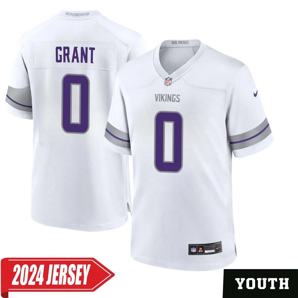 Bud Grant No 0 Youth s Minnesota Vikings White Alternate Custom Game 2024 Jersey