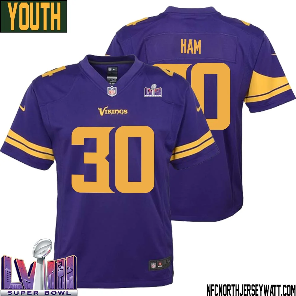 C.J. Ham No 30 Minnesota Vikings Super Bowl LVIII Alternate Game Jersey Purple for Youth