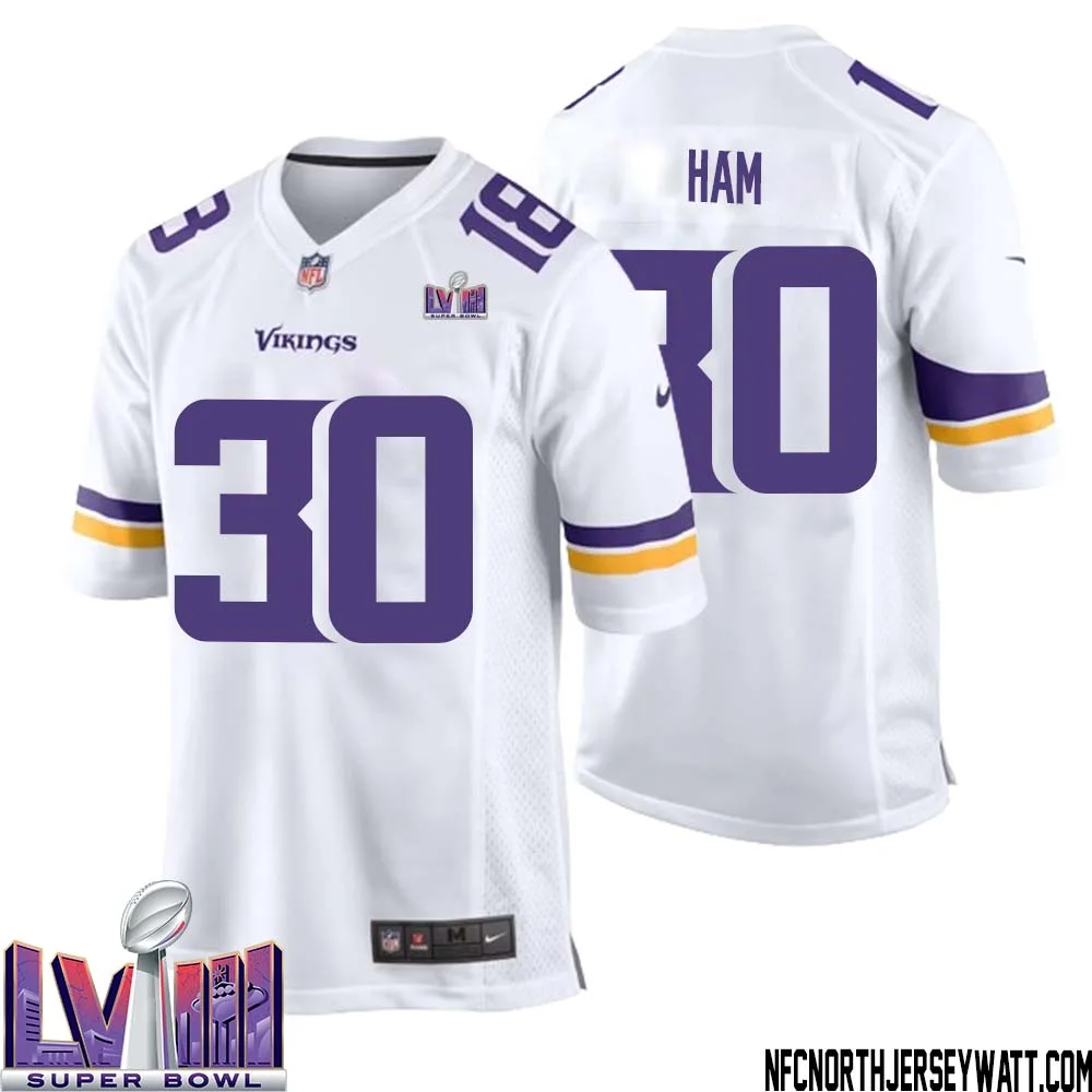 C.J. Ham No 30 Minnesota Vikings Super Bowl LVIII Away Game Jersey White for Men 1