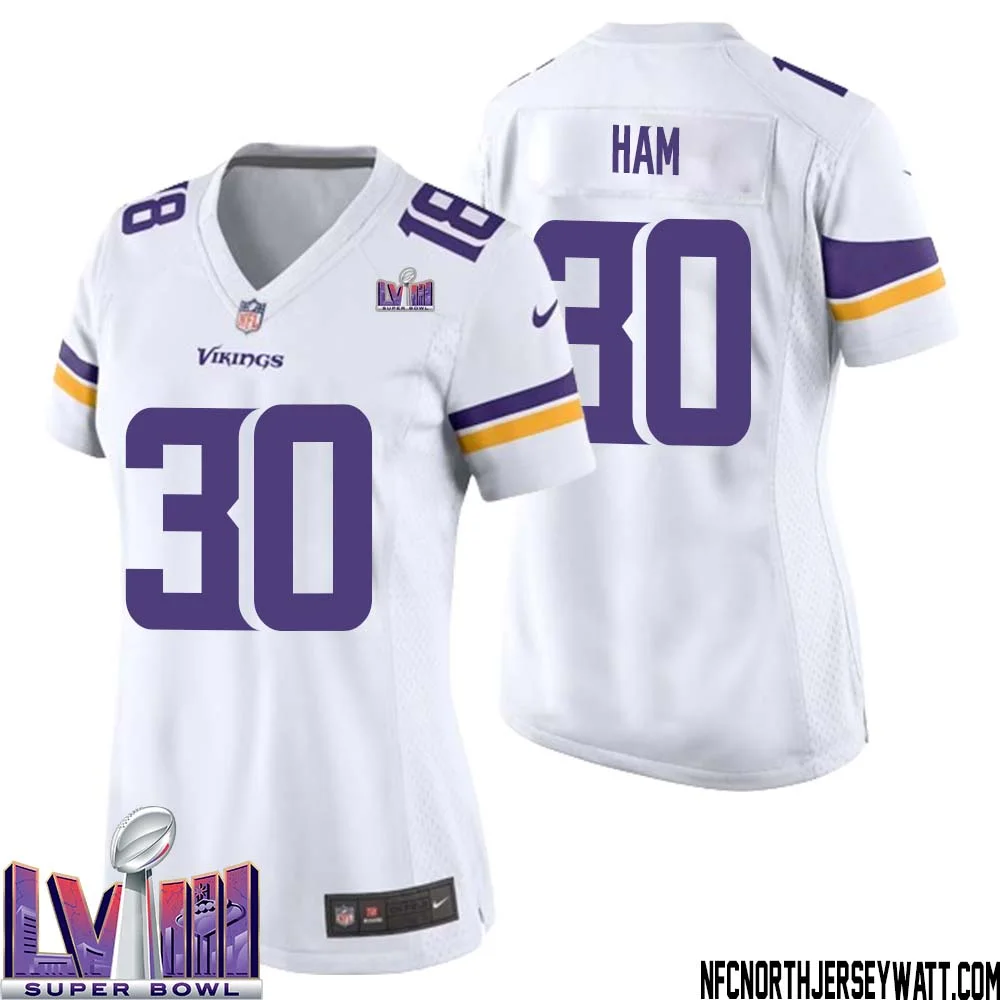 C.J. Ham No 30 Minnesota Vikings Super Bowl LVIII Away Game Jersey White for Women