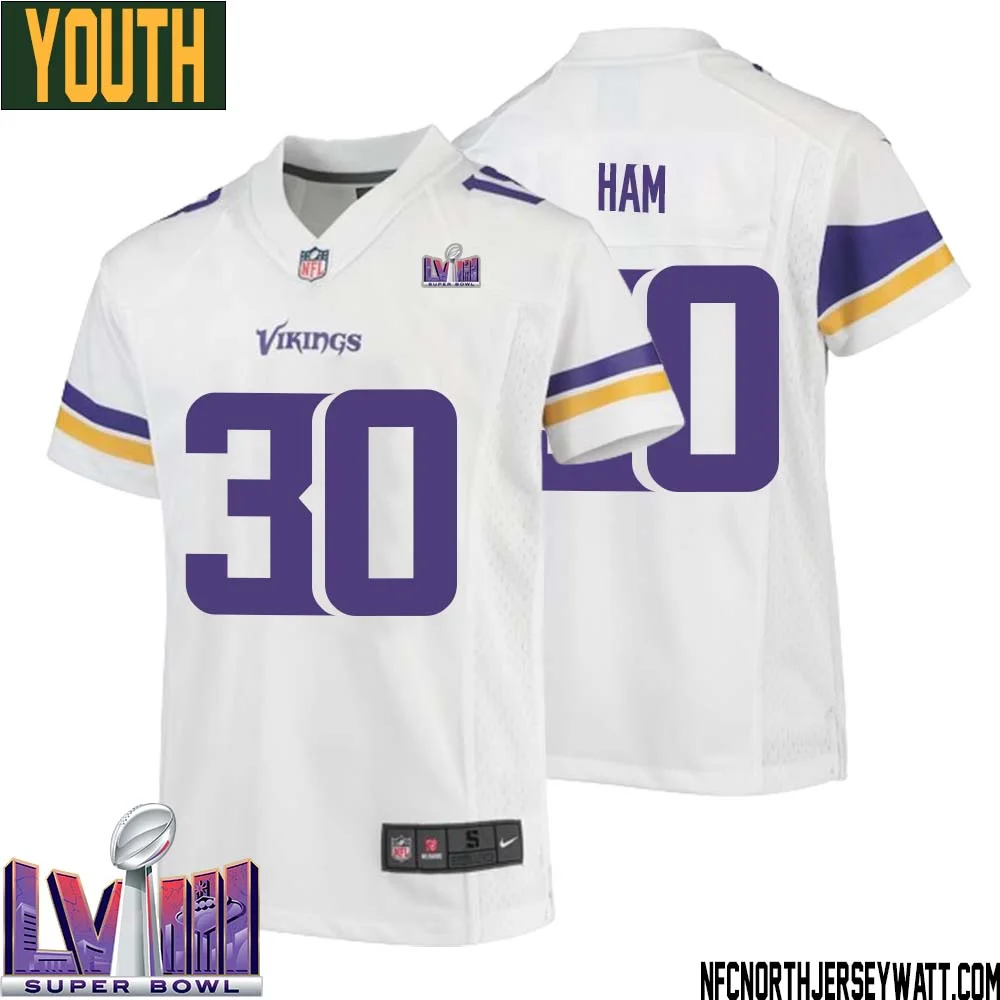 C.J. Ham No 30 Minnesota Vikings Super Bowl LVIII Away Game Jersey White for Youth 1