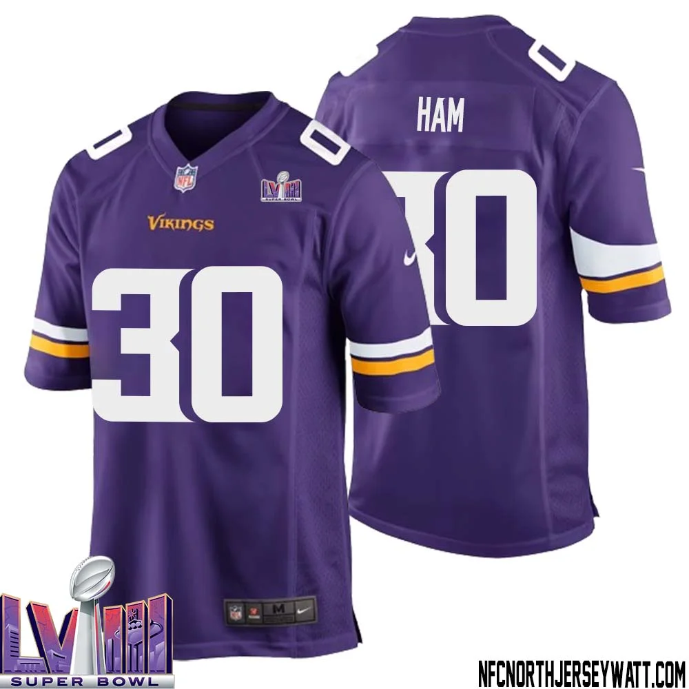C.J. Ham No 30 Minnesota Vikings Super Bowl LVIII Home Game Jersey Court Purple for Mens 1