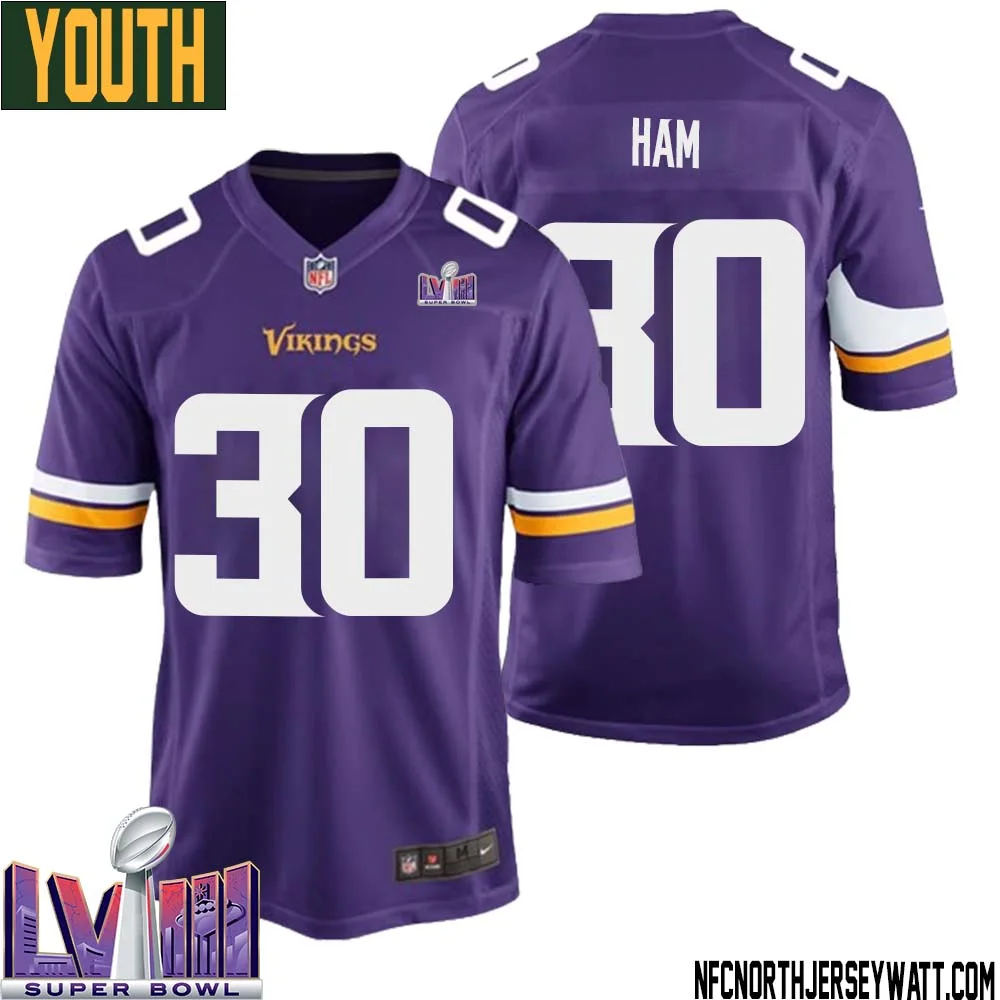 C.J. Ham No 30 Minnesota Vikings Super Bowl LVIII Home Game Jersey Court Purple for Youth