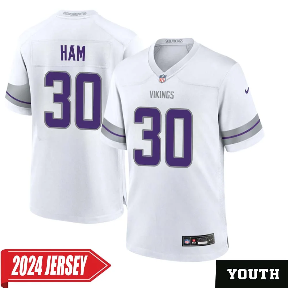 C.J. Ham No 30 Youth s Minnesota Vikings White Alternate Custom Game 2024 Jersey