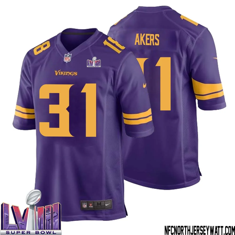 Cam Akers No 31 Minnesota Vikings Super Bowl LVIII Alternate Game Jersey Purple for Men