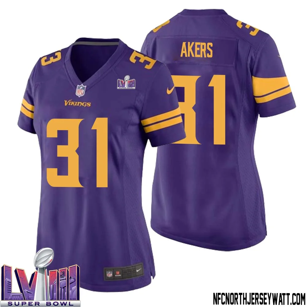 Cam Akers No 31 Minnesota Vikings Super Bowl LVIII Alternate Game Jersey Purple for Women