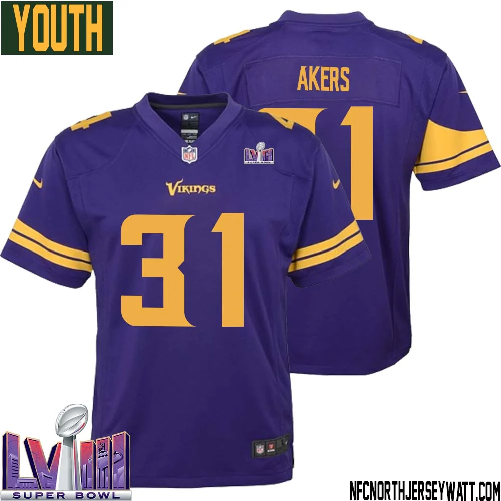 Cam Akers No 31 Minnesota Vikings Super Bowl LVIII Alternate Game Jersey Purple for Youth