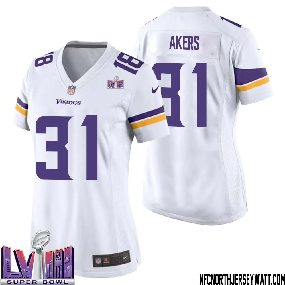 Cam Akers No 31 Minnesota Vikings Super Bowl LVIII Away Game Jersey White for Women