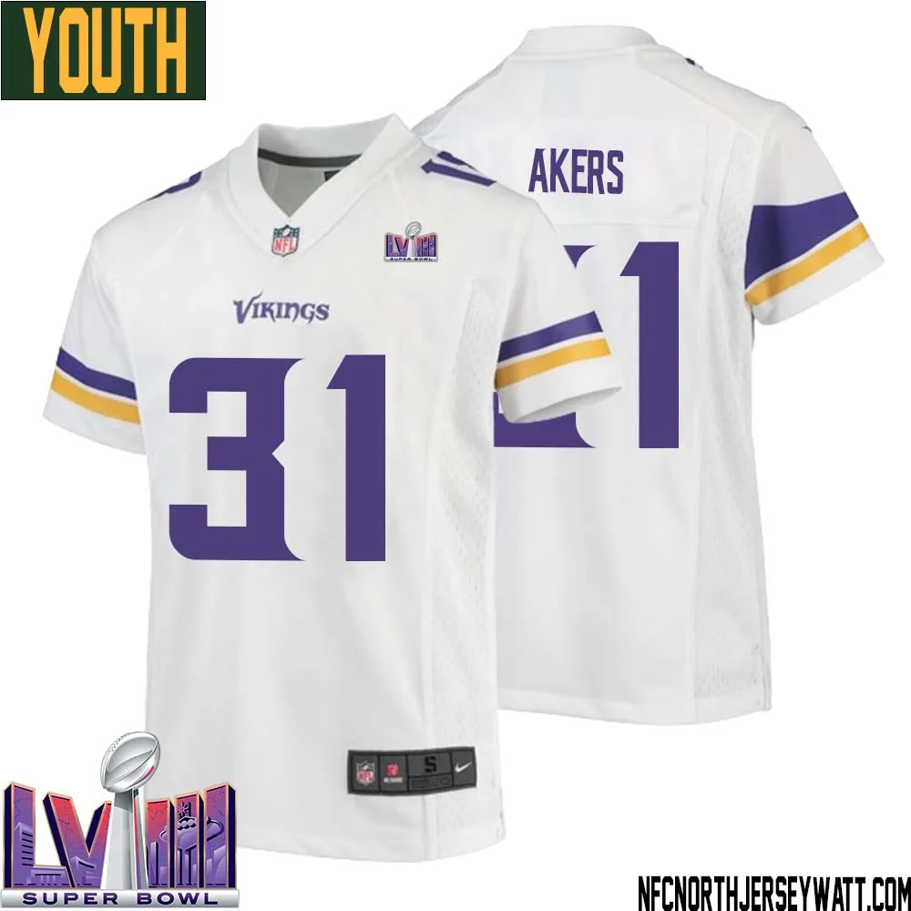 Cam Akers No 31 Minnesota Vikings Super Bowl LVIII Away Game Jersey White for Youth