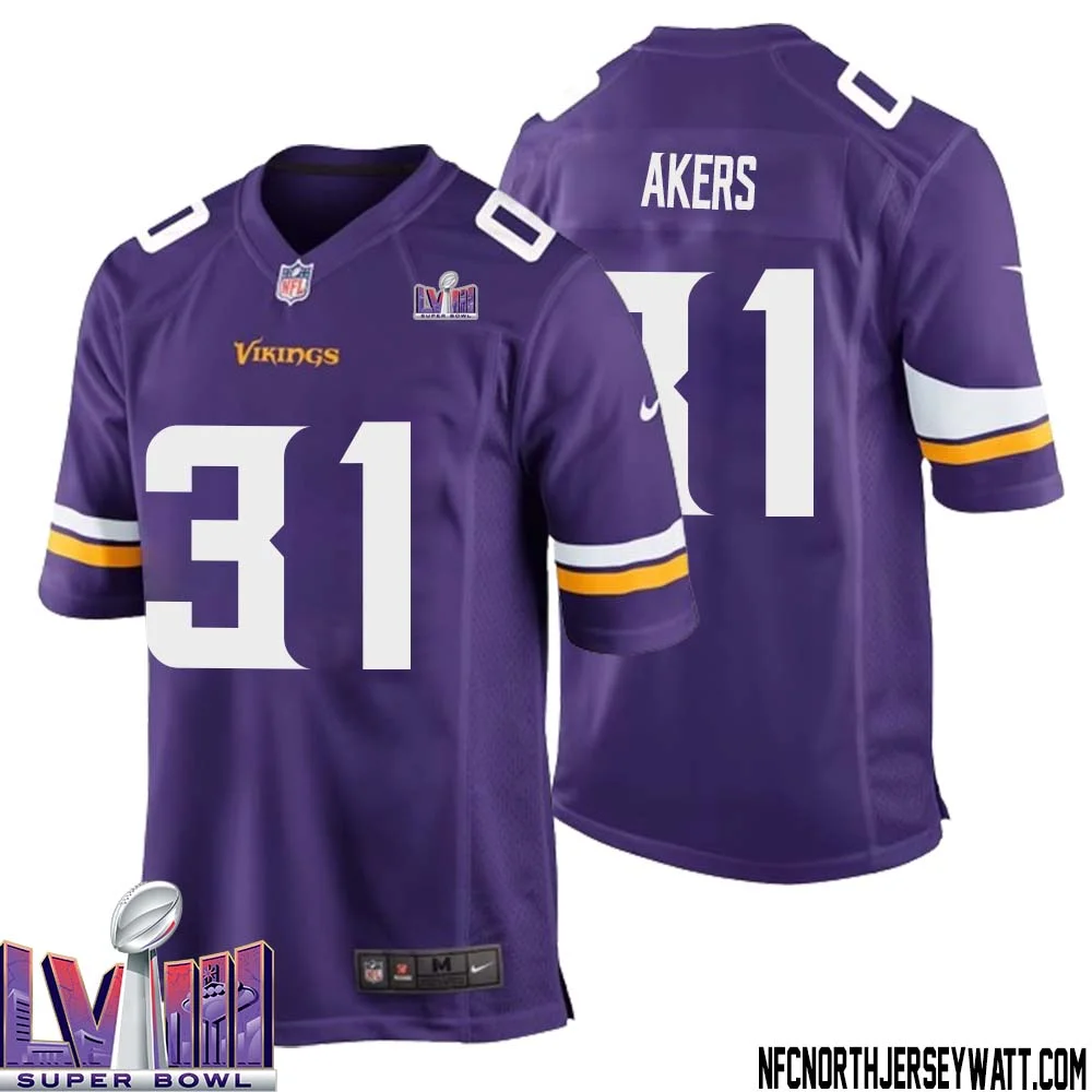 Cam Akers No 31 Minnesota Vikings Super Bowl LVIII Home Game Jersey Court Purple for Mens 1