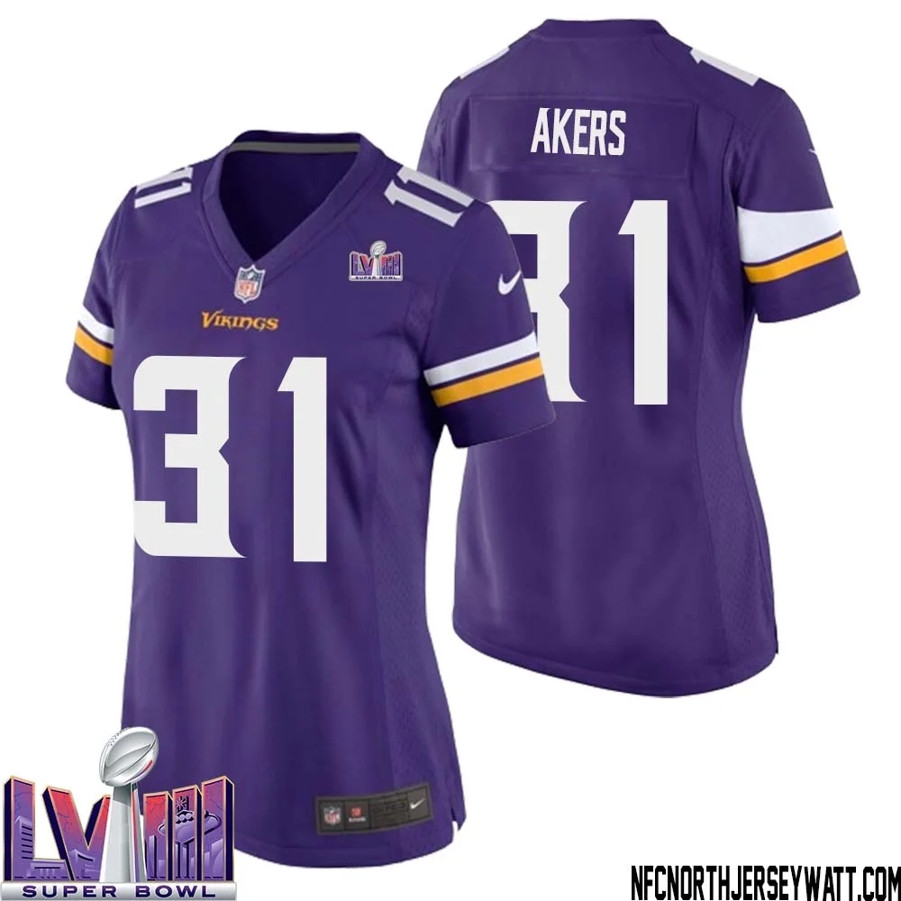 Cam Akers No 31 Minnesota Vikings Super Bowl LVIII Home Game Jersey Court Purple for Women