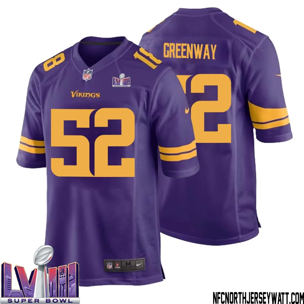 Chad Greenway No 52 Minnesota Vikings Super Bowl LVIII Alternate Game Jersey Purple for Men