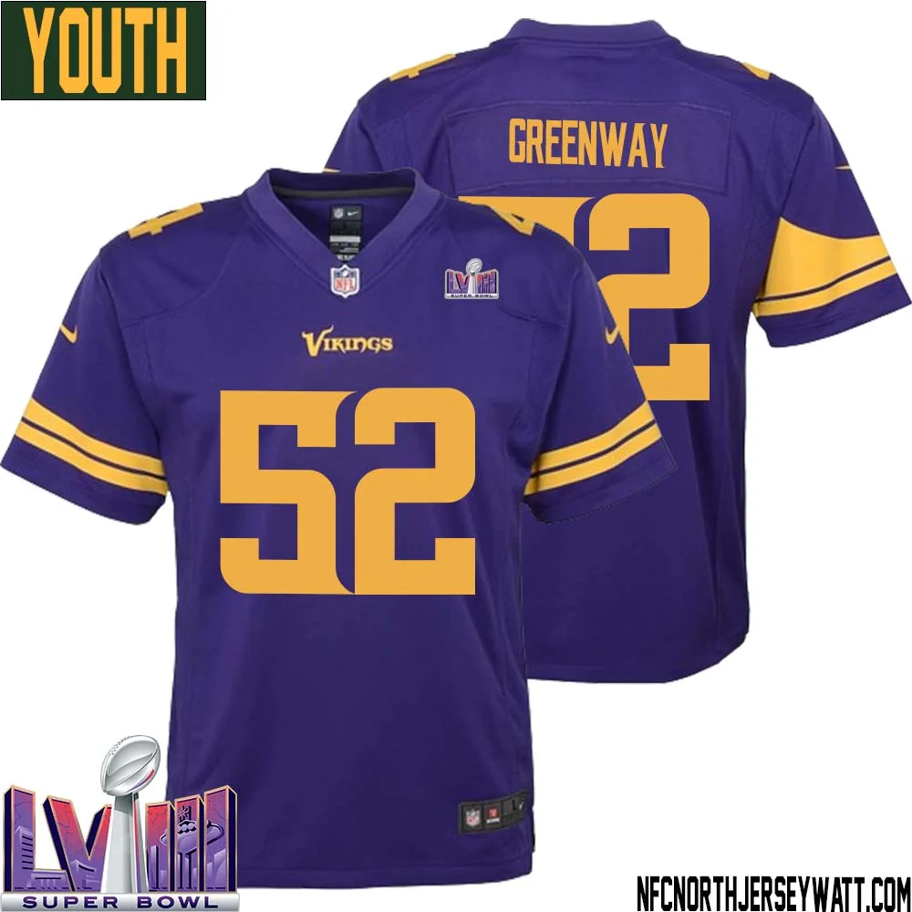 Chad Greenway No 52 Minnesota Vikings Super Bowl LVIII Alternate Game Jersey Purple for Youth 1